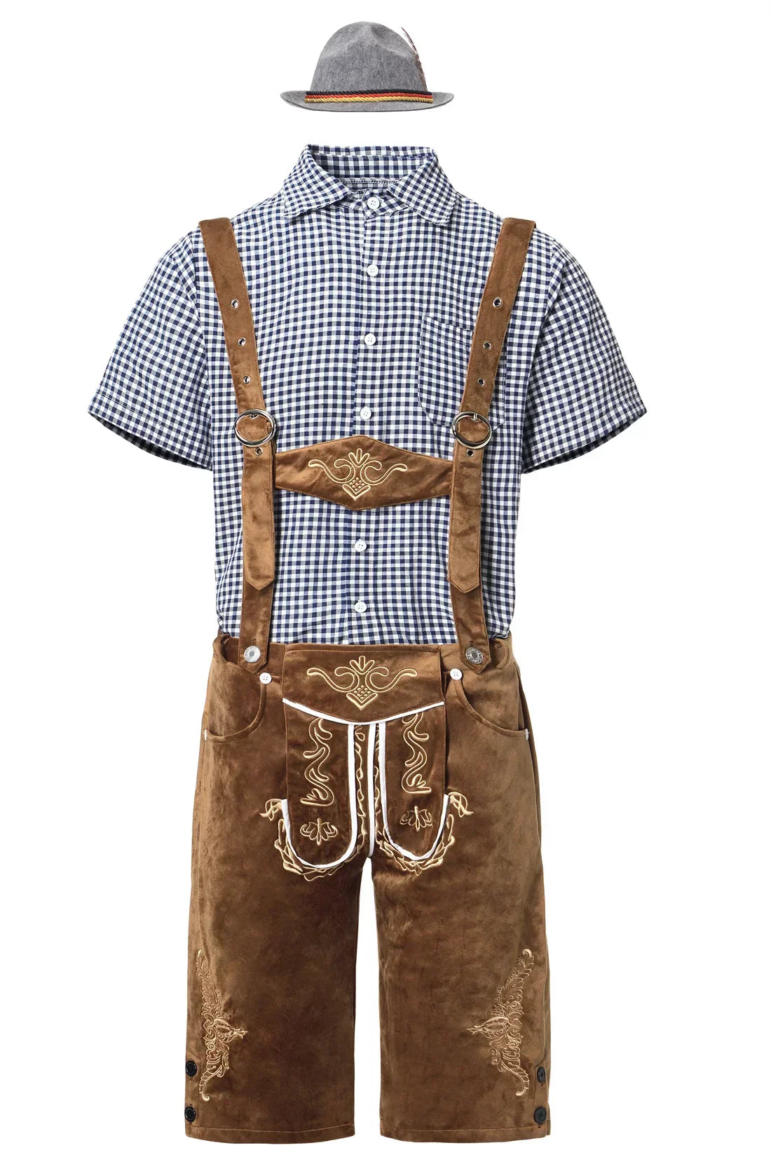 Men brown faux suede knee-length Lederhosen with adjustable suspenders, traditional Bavarian Oktoberfest style