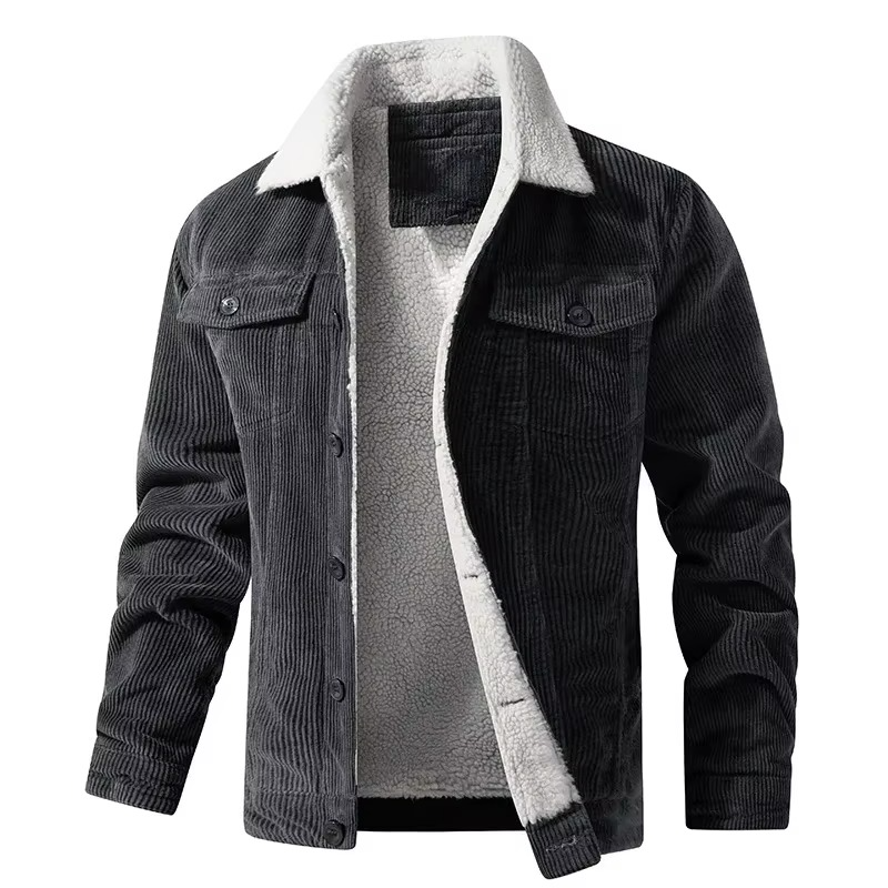 Men's navy corduroy fleece-lined winter jacket with textured shell and warm casual utility fit