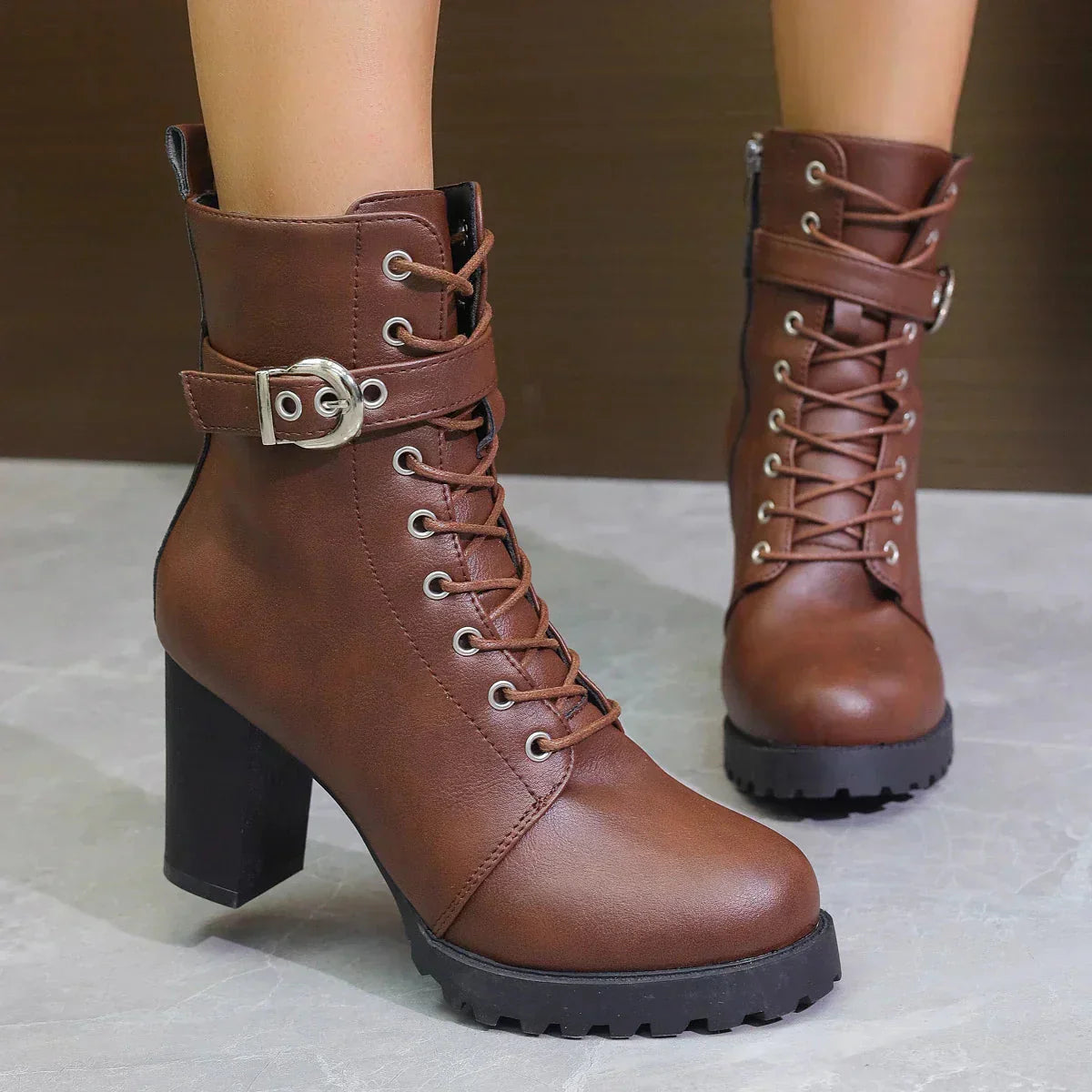 Women's black lace-up block heel ankle boots with dual zip closure for all-day comfort