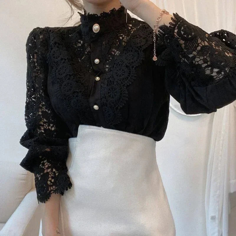 White vintage Parisian lace blouse women lightweight openwork breathable silhouette summer top