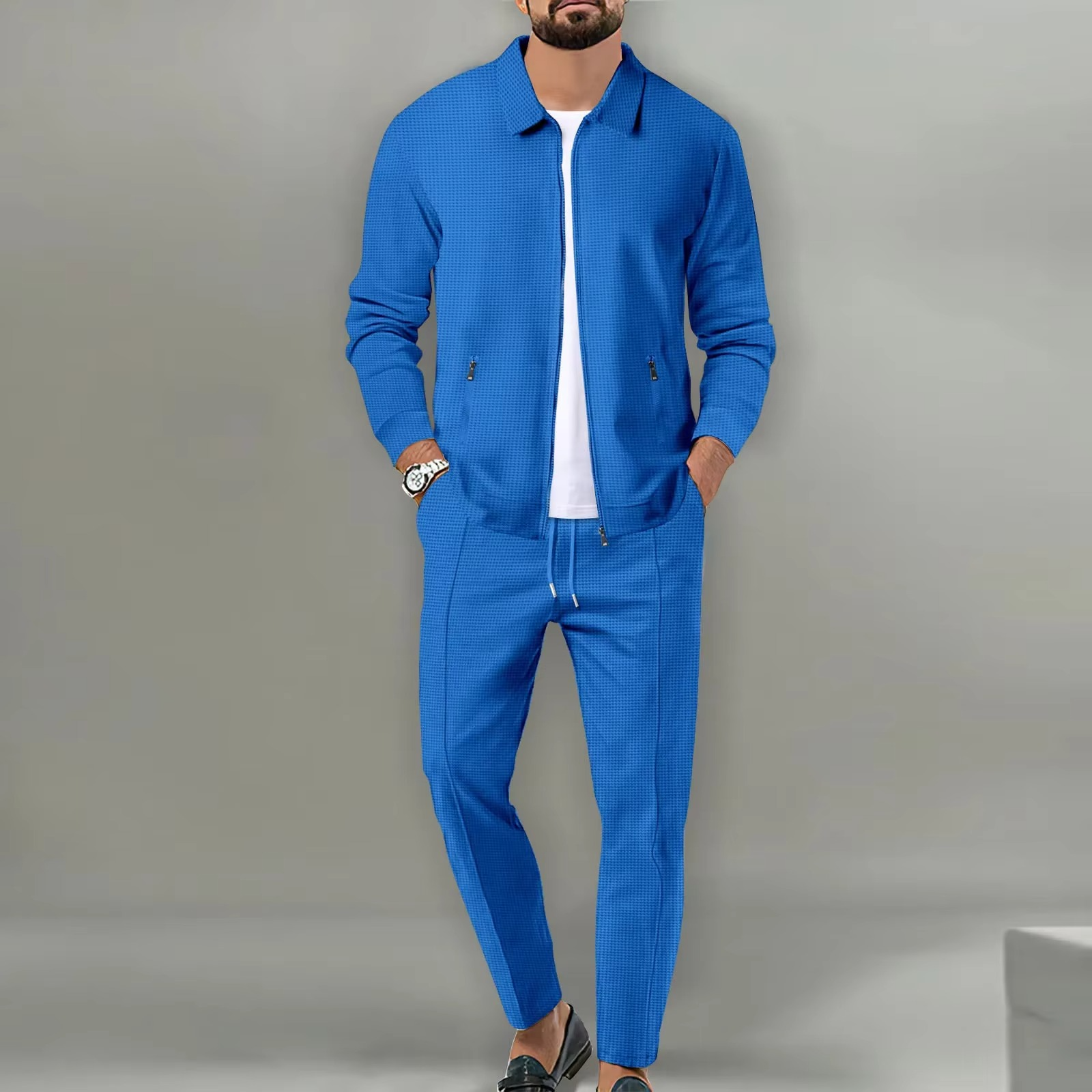 Men's two-piece polo jacket set with matching drawstring pants, long sleeve coordinated casual outfit