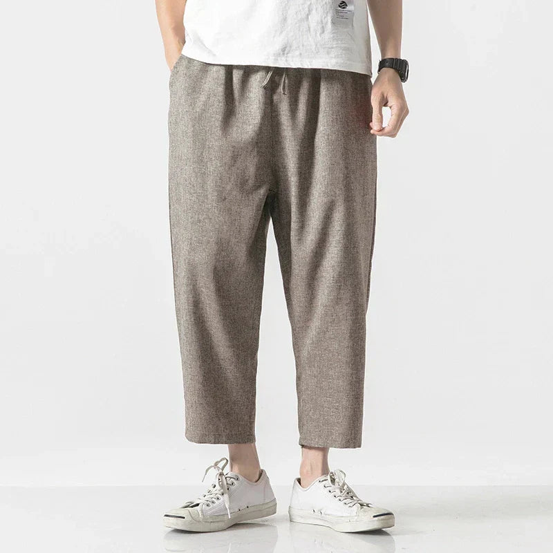 Beige linen blend loose fit pants with elastic waist, breathable everyday casual style