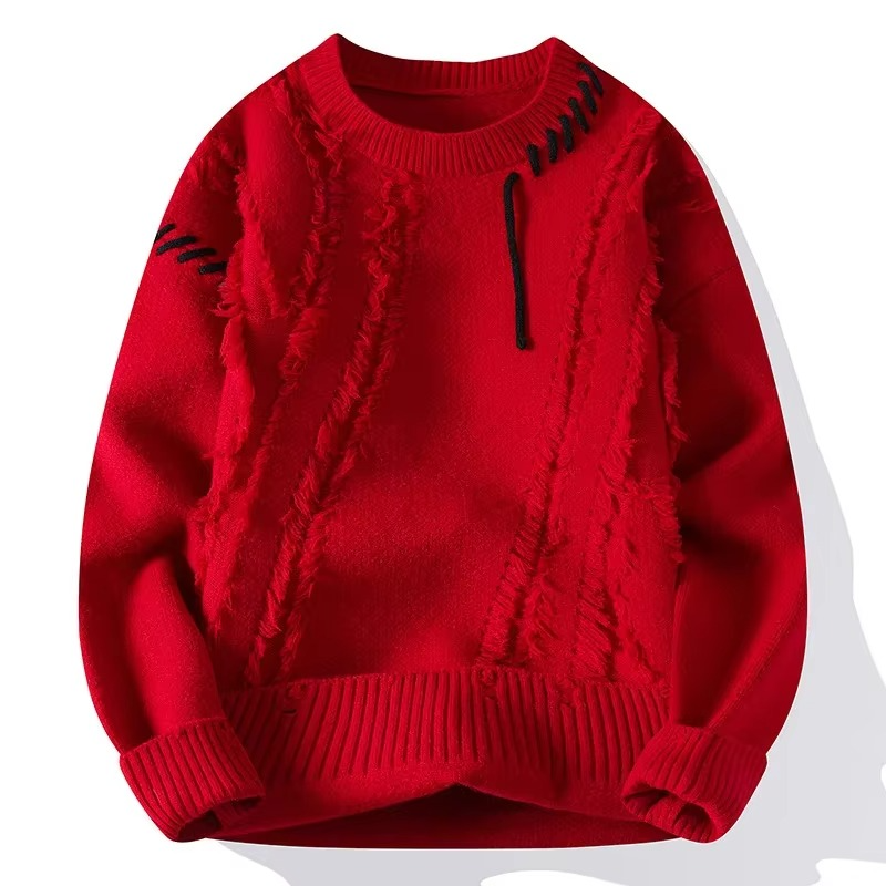 Men's ripped knit sweater streetwear pullover with distressed detailing, warm acrylic blend, fall winter style