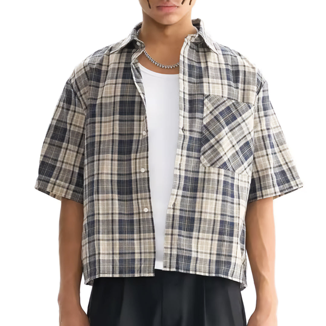 Men's relaxed fit plaid short sleeve shirt in warm vintage-inspired tones, 100% breathable cotton
