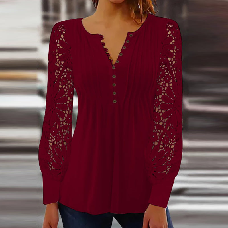 Women's ivory lace sleeve blouse with pleated front, scalloped neckline, and floral lace long sleeves