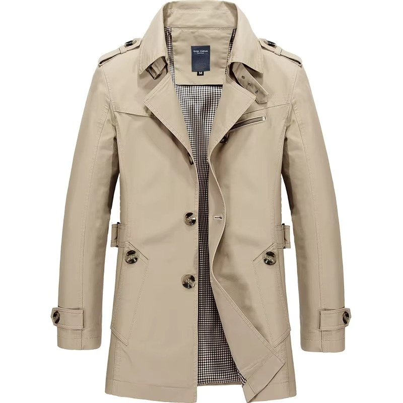Men's classic single breasted trench coat wind resistant all-season outerwear with timeless style
