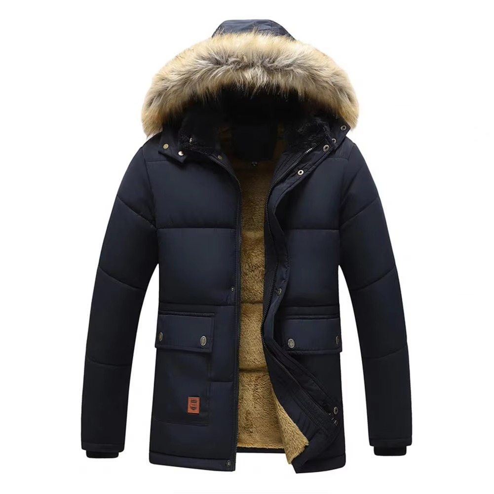 Men's insulated winter parka coat with fur hood, fleece-lined warm outerwear in classic dark tones