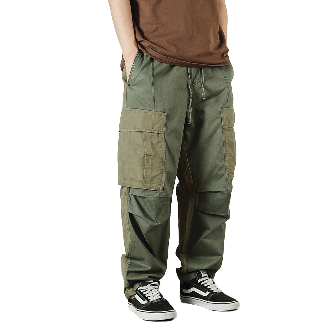 Stone cargo trousers loose straight-leg fit color-block panels multi-pocket utility streetwear