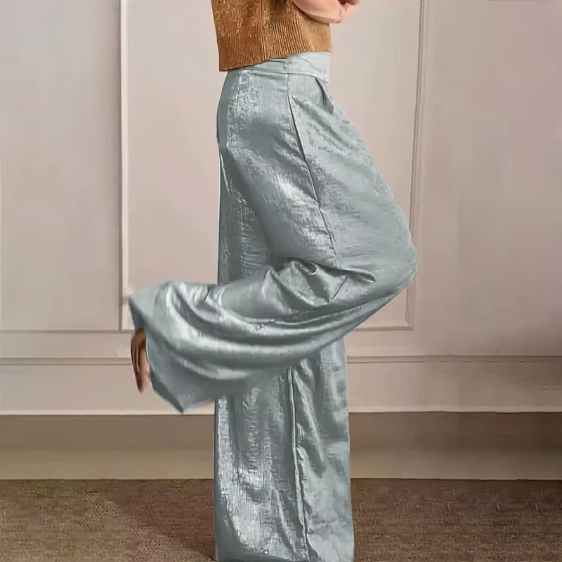 Women's metallic high waist wide leg pants relaxed silhouette with vintage glamour side pockets