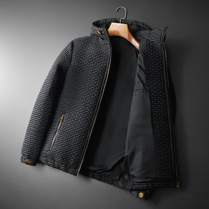 Black micro-quilted hooded canvas jacket with cotton lining, gold hardware, lightweight urban fit