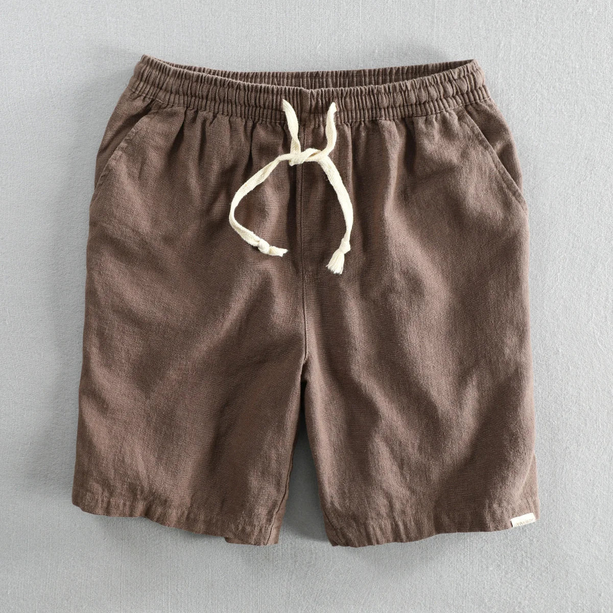 Men's beige cotton linen drawstring shorts lightweight breathable tailored fit casual summer