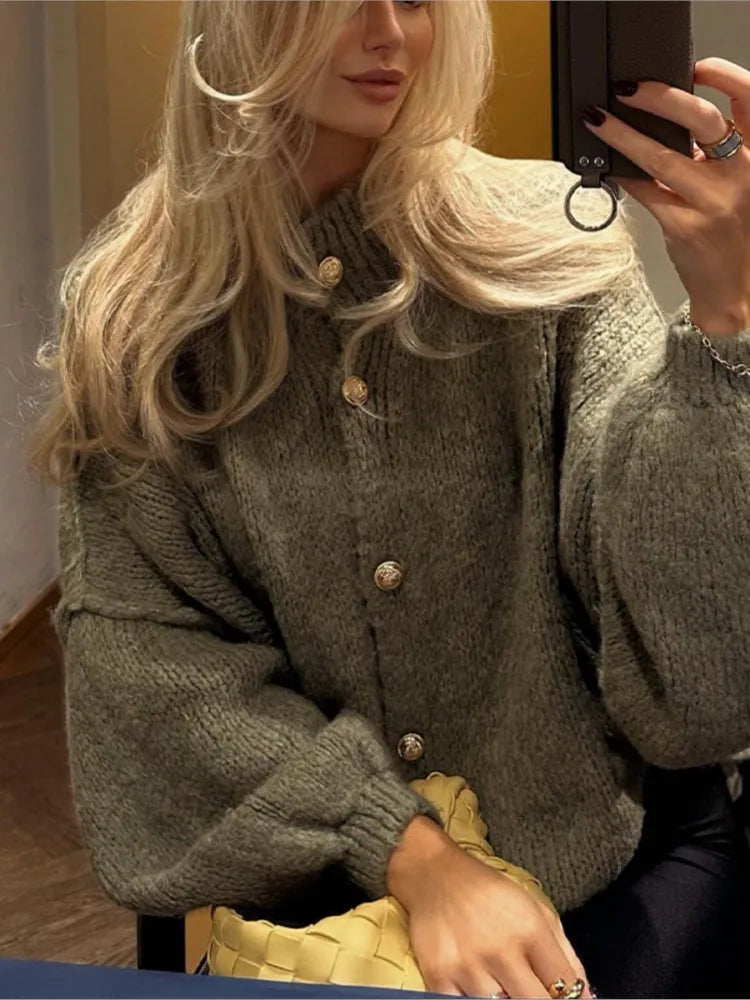 Women's chunky knit cardigan relaxed oversized fit with button front closure for cozy winter warmth