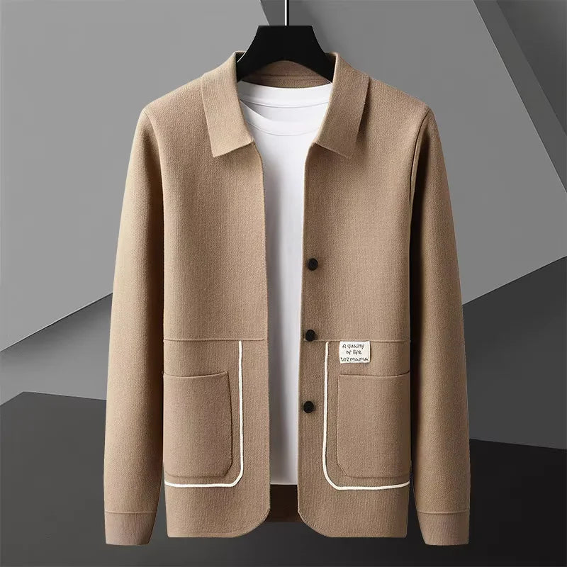 Mercer slim-fit knitted cardigan tailored shoulders structured silhouette versatile layering essential for men
