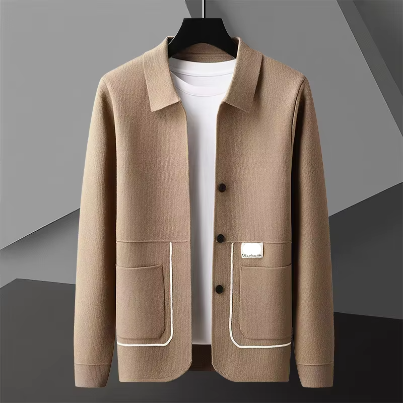 Men's premium knitted cardigan in neutral tones, slim minimalist cut with clean ribbed detailing for fall winter