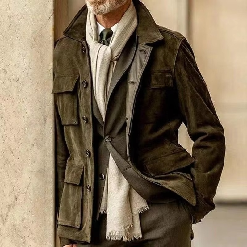 Men's mid-length khaki trench coat lapel collar single-breasted retro spring layering outerwear