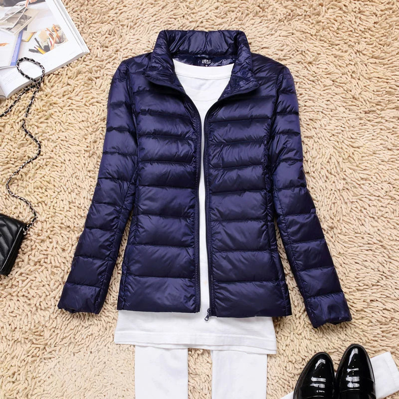 Women's taupe ultralight packable long down jacket with hood, travel-ready everyday warmth