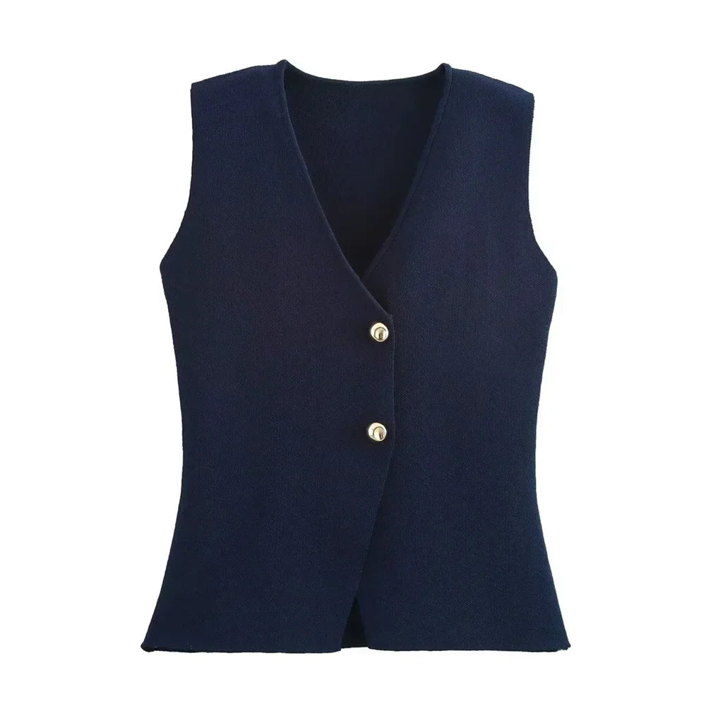 Ivory tricot knit waistcoat sculpted silhouette asymmetric wrap front gold button detail