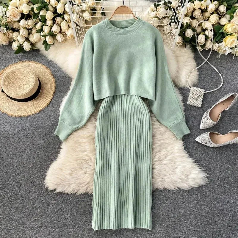 Women's cozy knitted dress and sweater set in neutral tones with batwing sleeves for all occasions