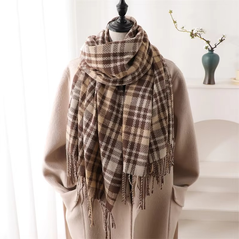 Women's cashmere blend plaid winter scarf thick woven pashmina wrap with tassel fringe detailing