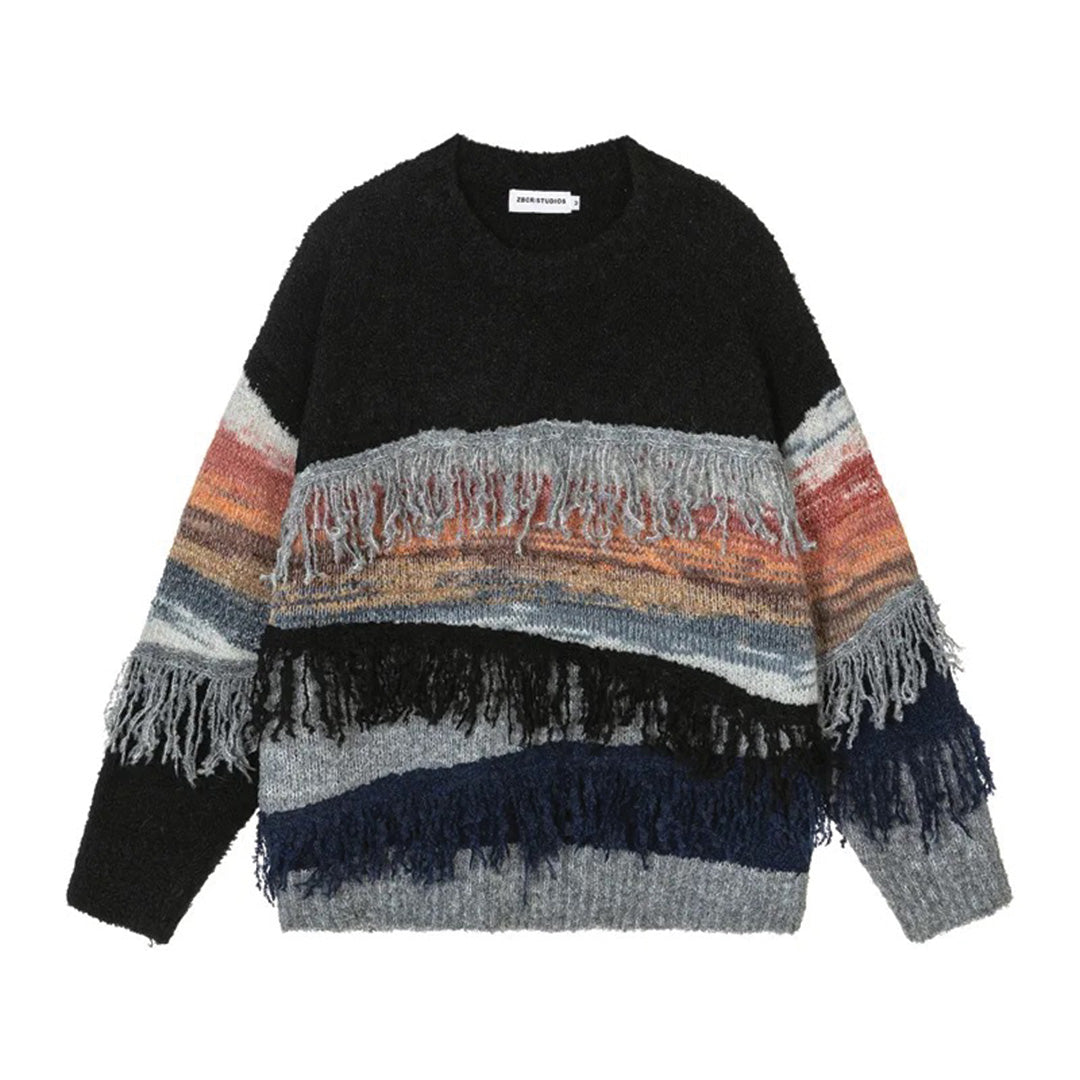 Vintage-inspired beige cotton knit sweater with layered tassels and delicate lace detailing for women
