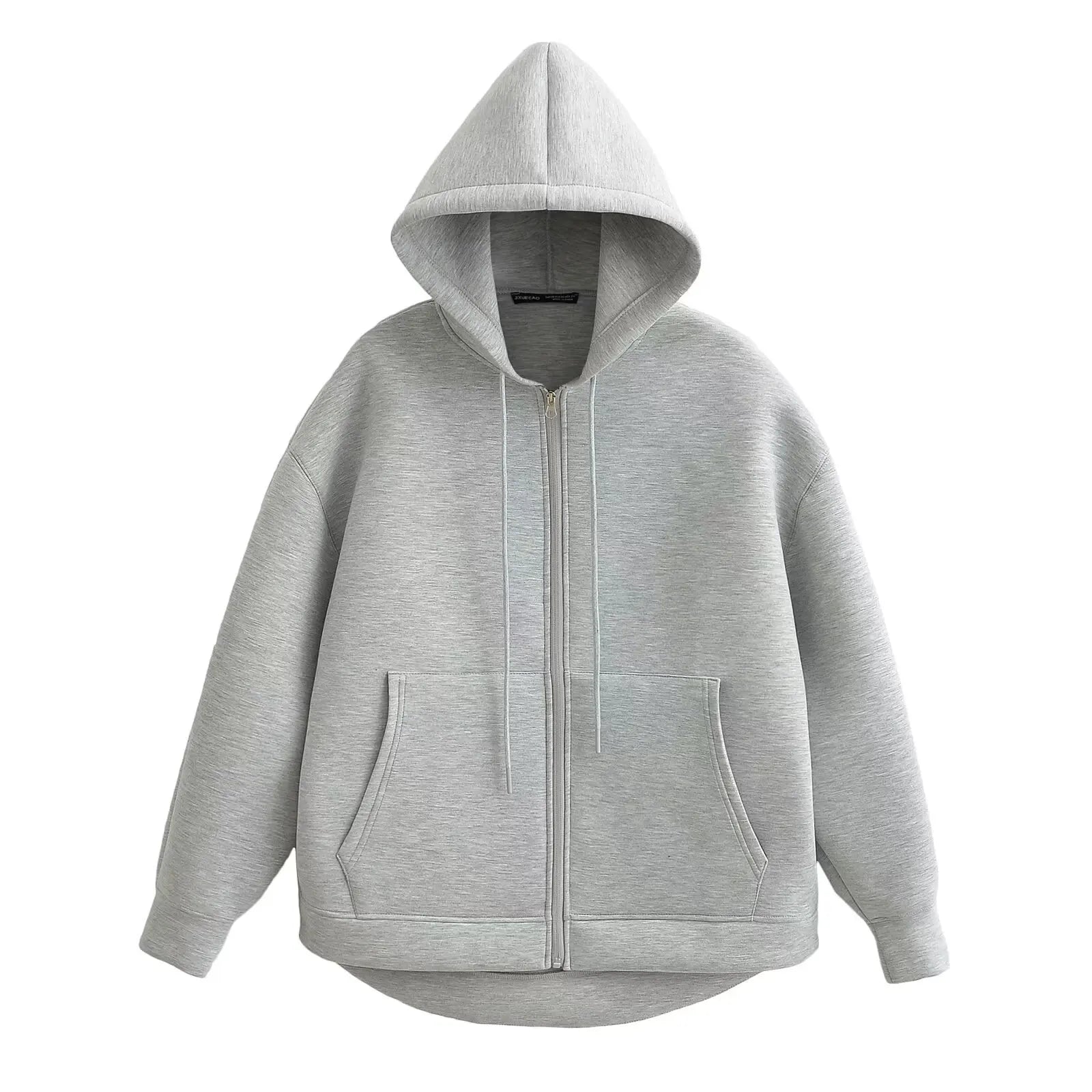Women's relaxed fit zip-up hoodie in neutral tone with cozy drawstring hood for everyday layering