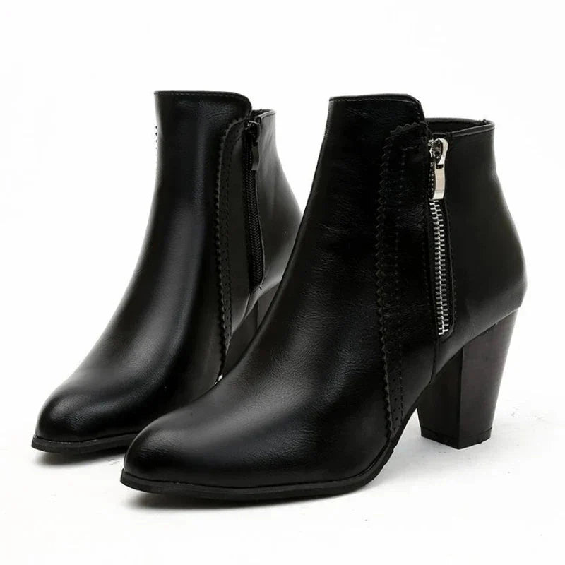Women's leather ankle boots block heel scalloped edge trim perforated detailing chunky heel everyday wear