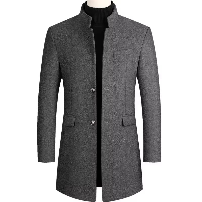 Men's burgundy wool blend trench coat medium-long cut with thickened lining for autumn winter warmth