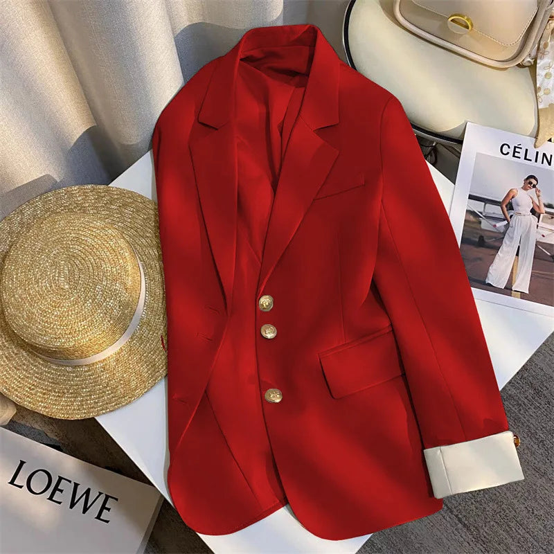 Women's hip-length single-breasted cotton blazer with gold-tone buttons, tailored fit, polished style