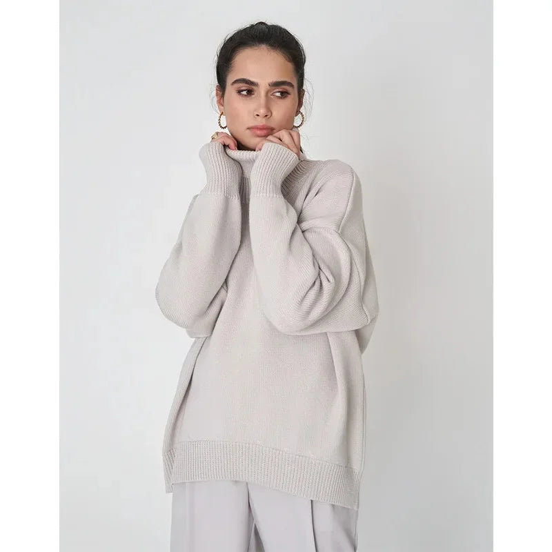Women's oversized ribbed knit turtleneck sweater soft blend cozy folded neckline fall winter style