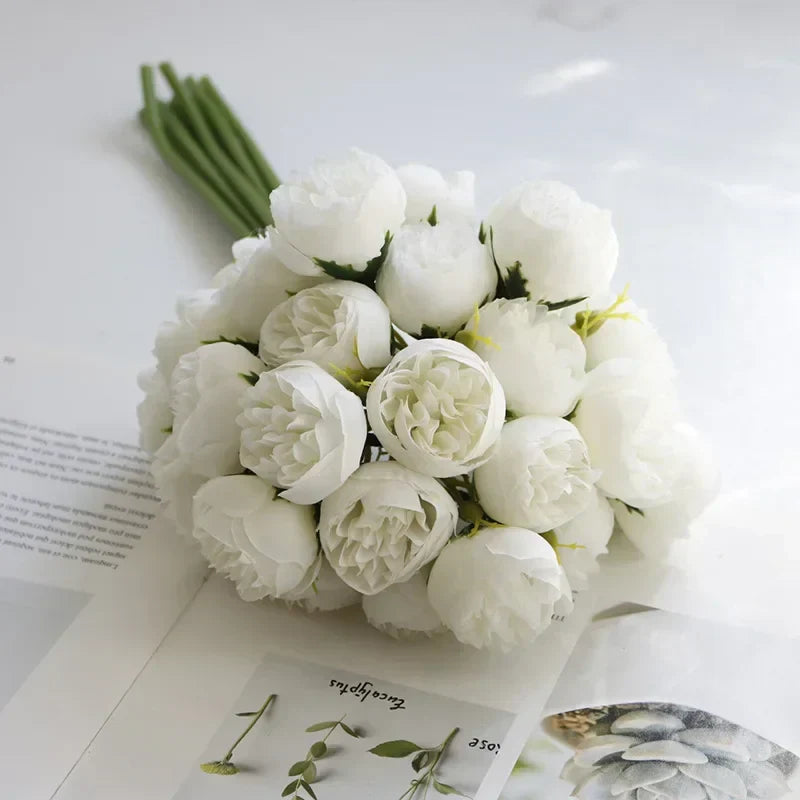 Silk peony bouquet faux flowers realistic petals flexible stems DIY home decor centerpiece