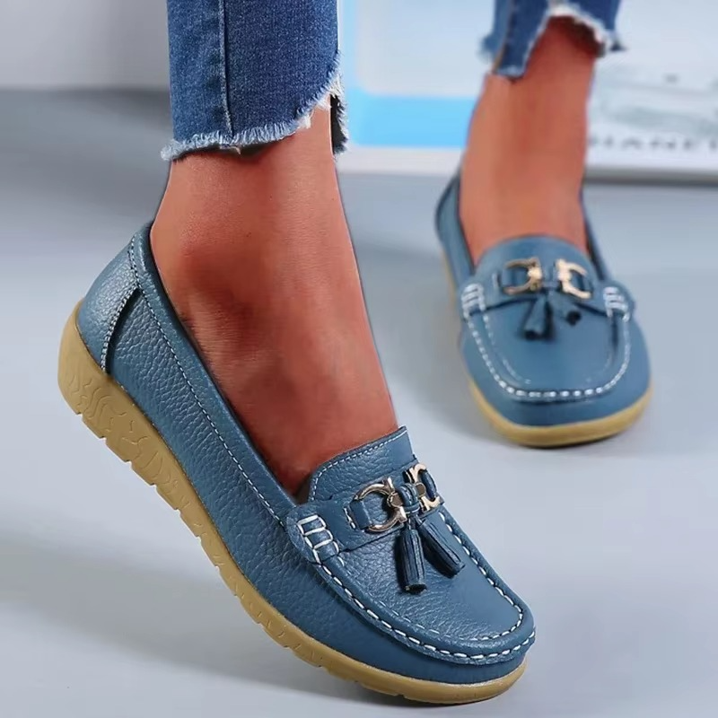 Black genuine leather women's slip-on moccasin flats with all-day comfort cushioned insole