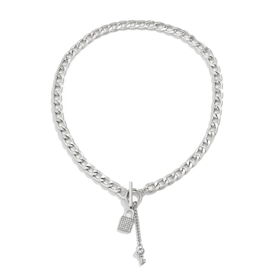 Gold-tone chain necklace with crystal lock charm and key pendant, delicate elegant women's jewelry