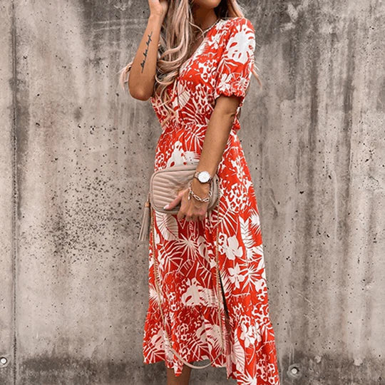 Poppy | Women's Floral Midi Dress V-Neck Smocked Waist Side Split