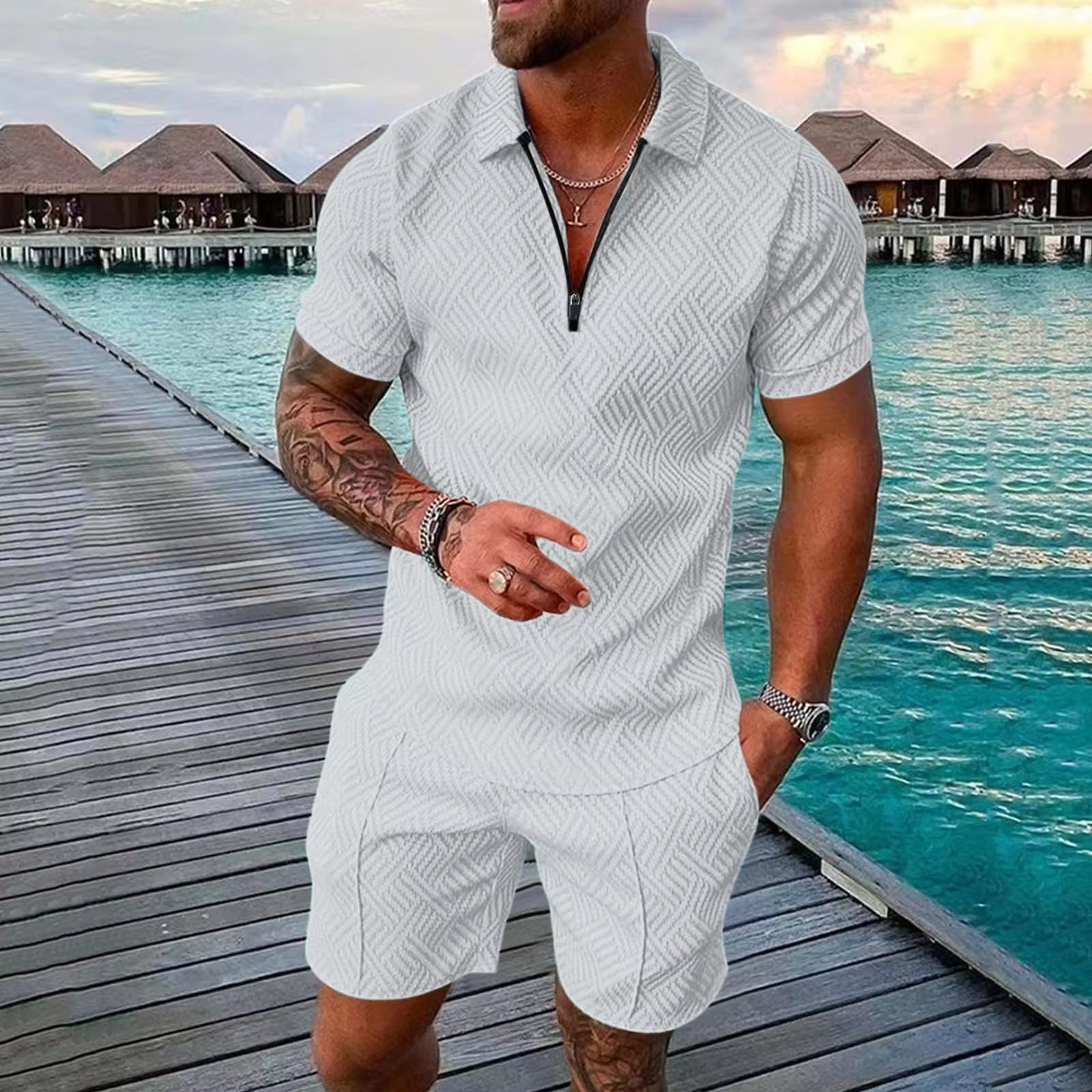 Men's blue Hawaiian polo shorts set with bold 3D printed tropical streetwear pattern, breathable summer outfit