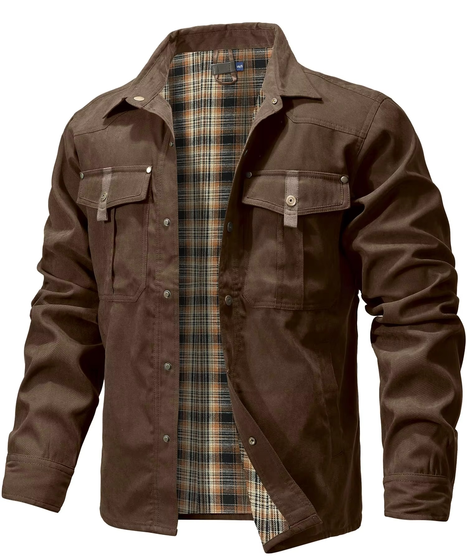 Men's brown western flannel lined shirt jacket with snap button closures for all seasons