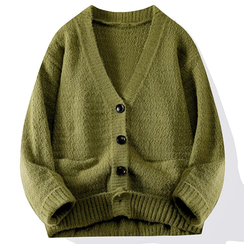 Minimalist beige button-up cardigan relaxed fit soft knit smart casual layering essential