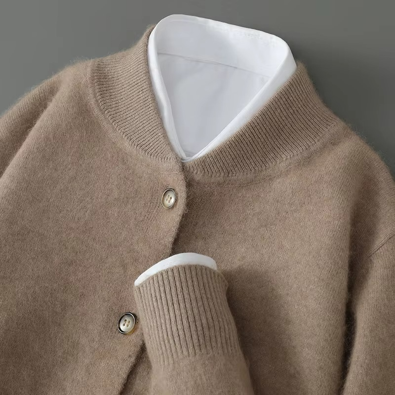 Men's mink cashmere cardigan sweater relaxed fit stand collar business casual luxurious warmth
