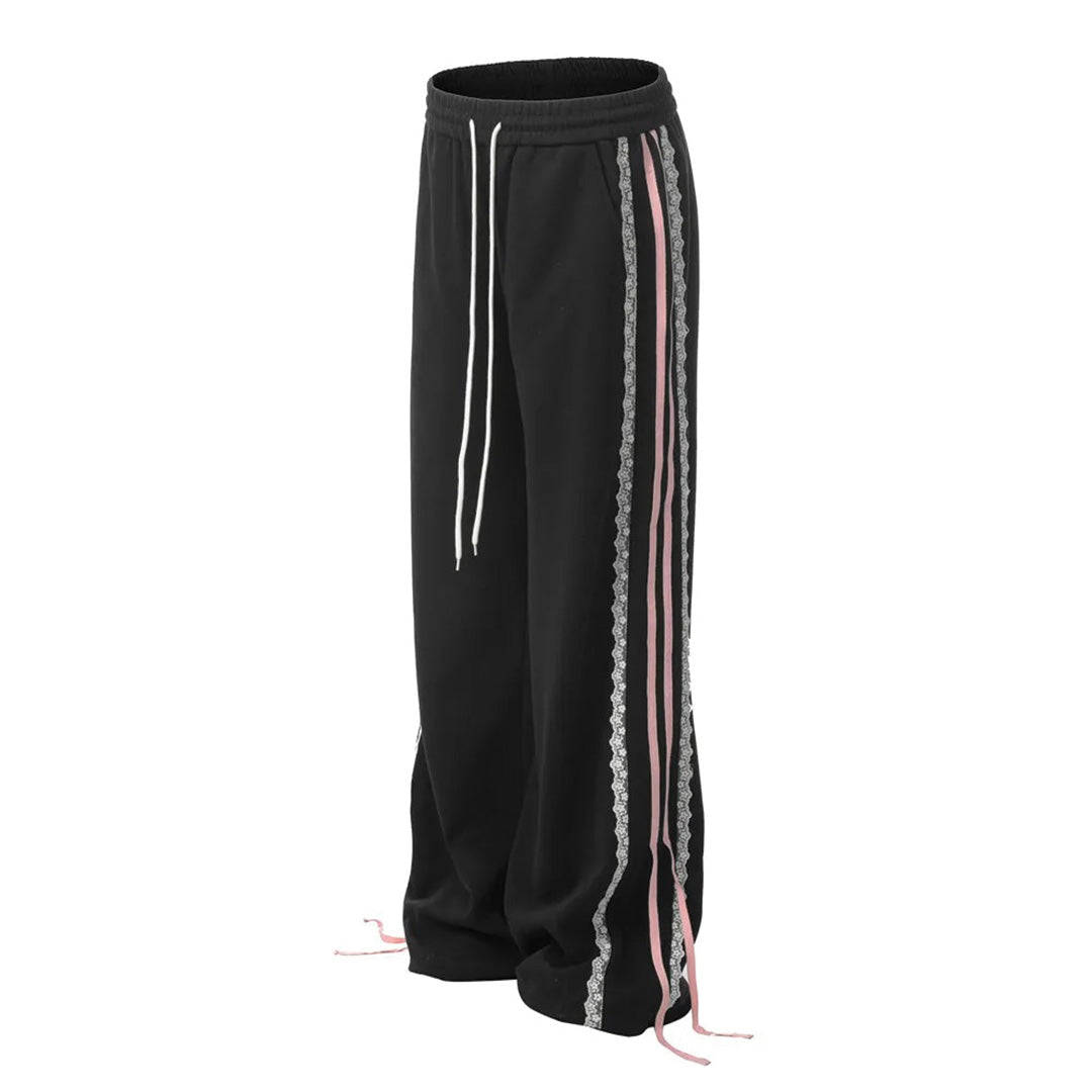 Women's loose fit midrise cotton sweatpants with floral lace stripe detail and drawstring waist