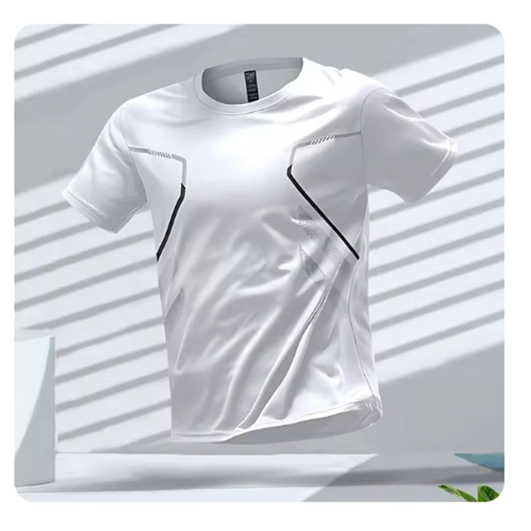 Men's ice silk QuickDry sport tee, lightweight breathable moisture-wicking shirt for running training