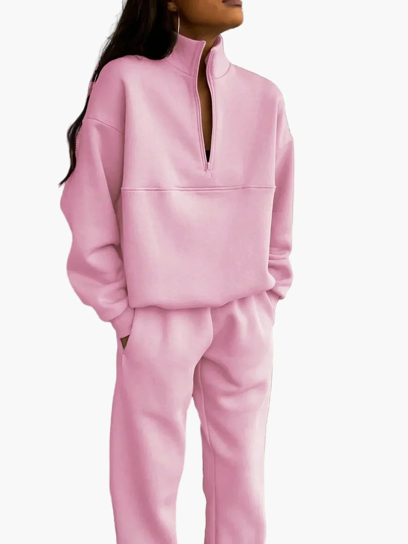 Women's two-piece tracksuit stand-up collar zip-up jacket elastic waistband sporty-casual set