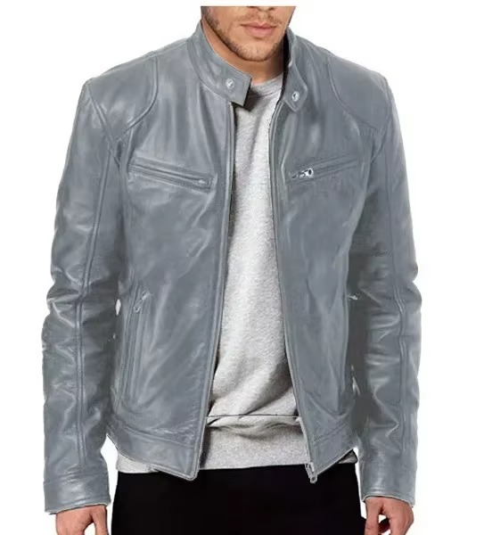 Men's black slim fit PU leather motorcycle jacket with wind-resistant stand collar