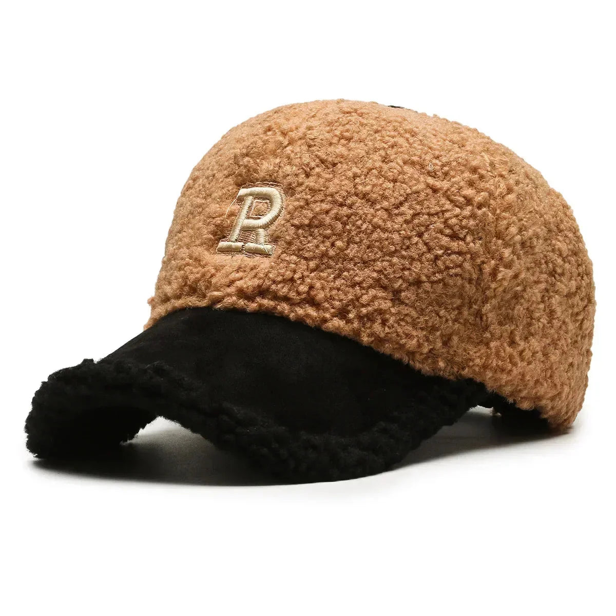 Beige fleece baseball cap with contrasting brim and elegant embroidery unisex cozy casual style