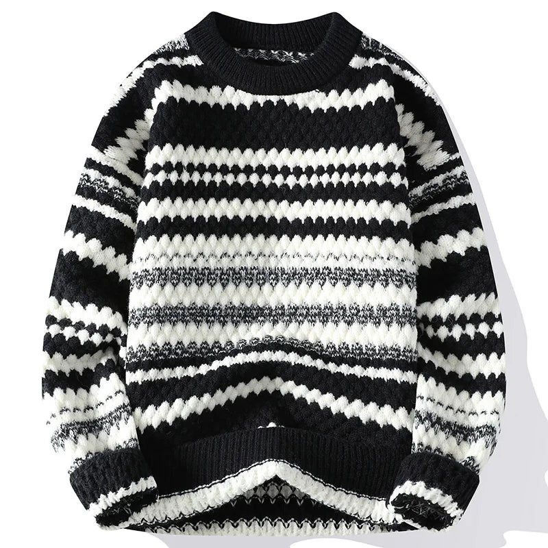 Unisex relaxed fit crew neck striped textured knit sweater in casual essential style for winter layering