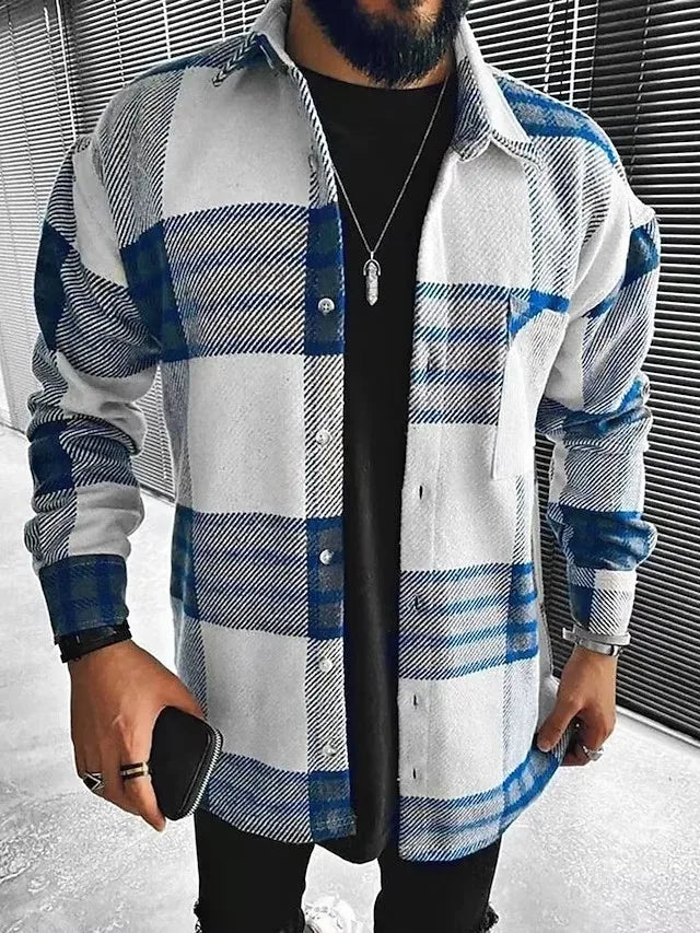 Men's blue and white check long sleeve shirt relaxed fit winter wardrobe essential