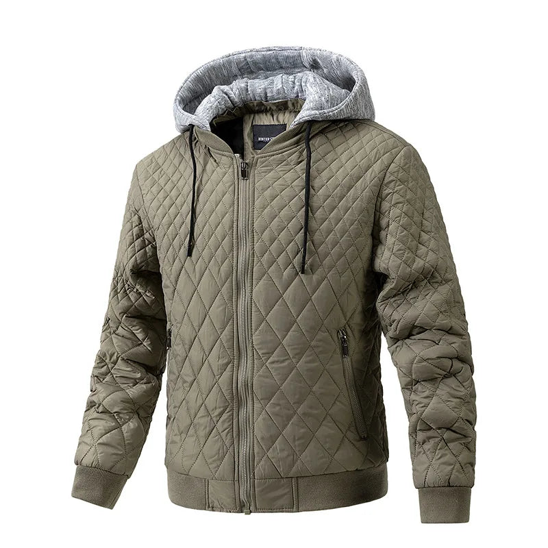 Men's navy quilted hooded bomber jacket regular fit with ribbed cuffs and full zip closure