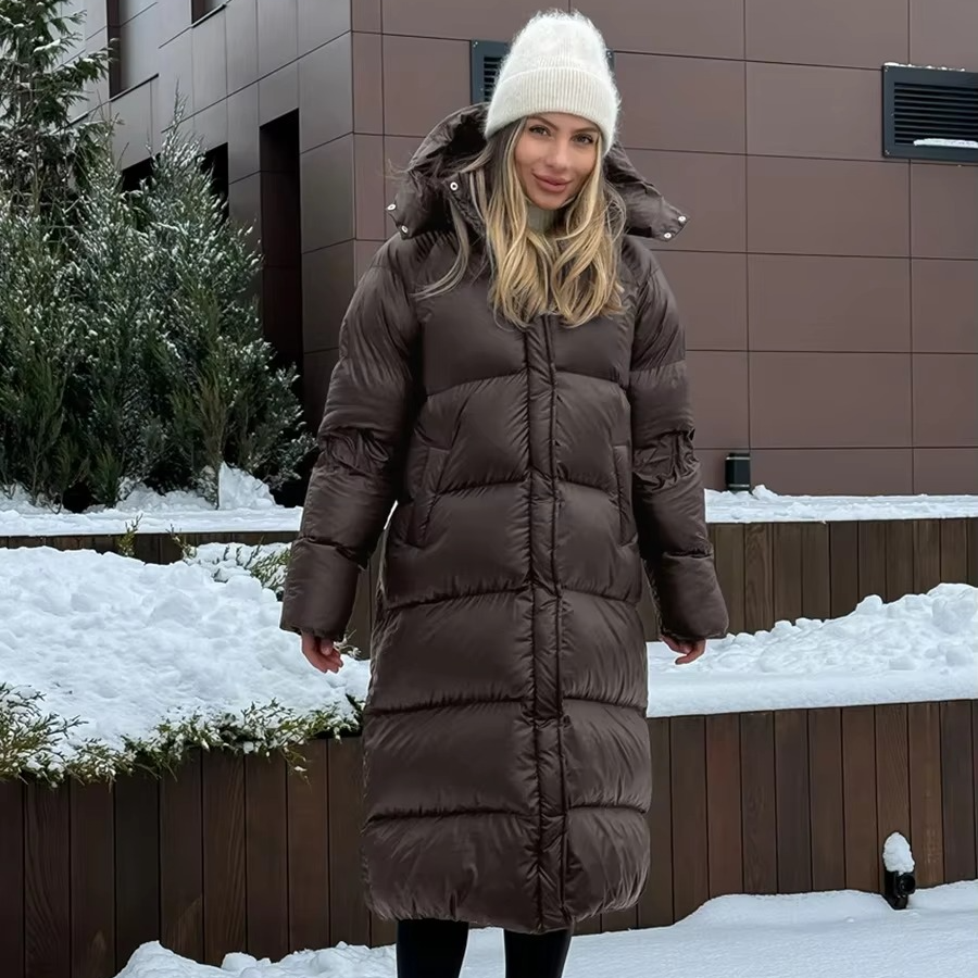 Women's long hooded puffer jacket thick cotton padding full-length winter overcoat sleek silhouette