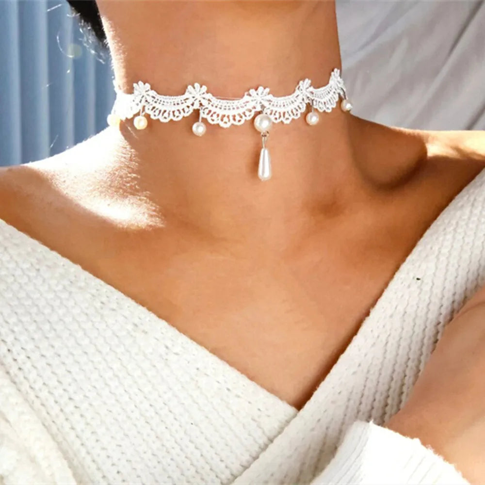 Gothic lace choker necklace black adjustable heart pendant pearl accent women fashion jewelry