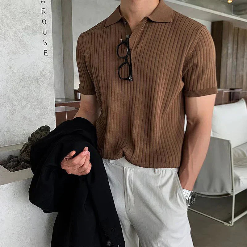 Men's slim fit ribbed polo shirt breathable short sleeve structured everyday wear