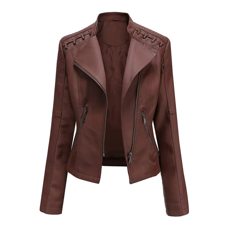 Women's black PU leather motorcycle jacket slim fit short cut with bold front zipper