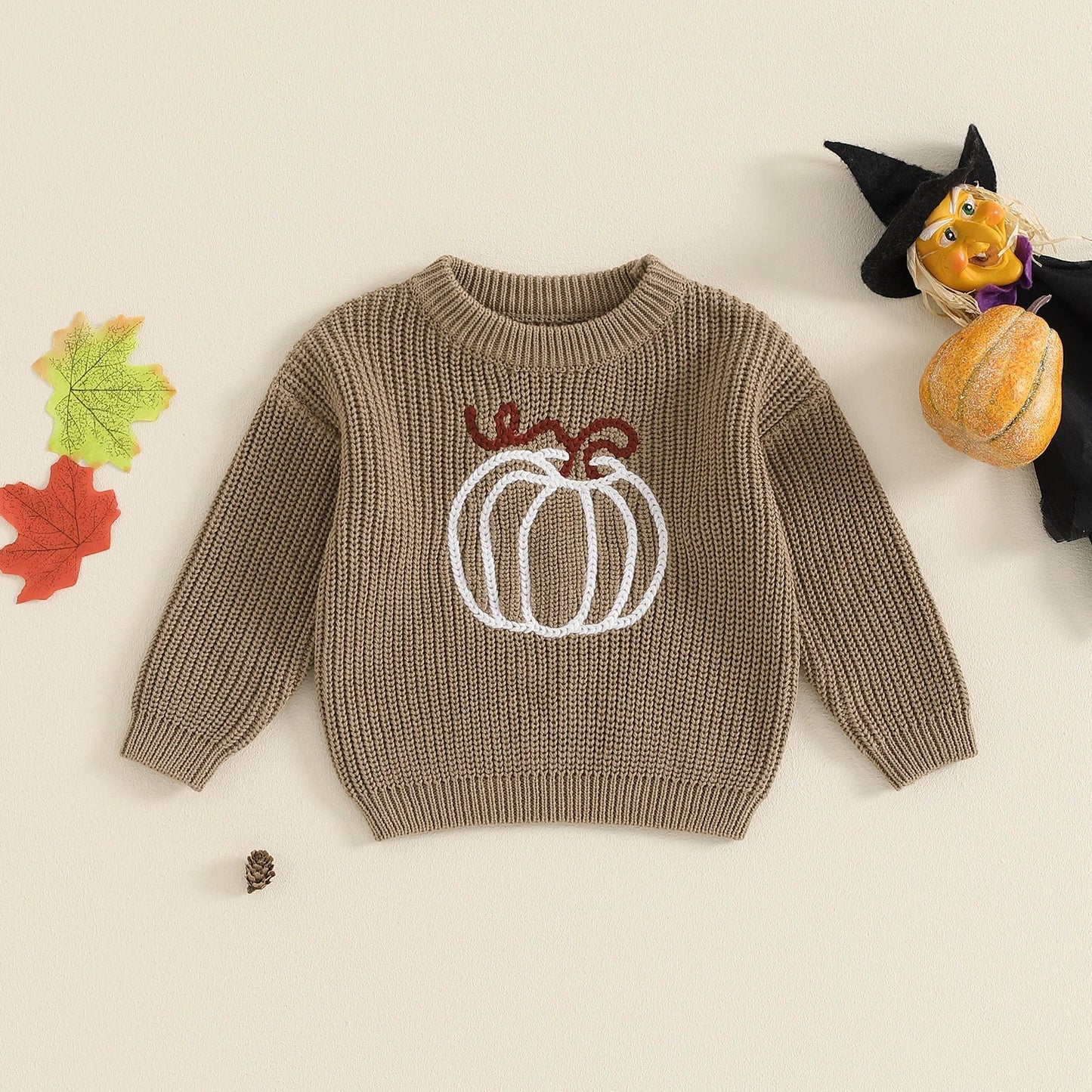 Kids Halloween knit sweater long sleeve pumpkin ghost embroidery cozy breathable festive fall pullover